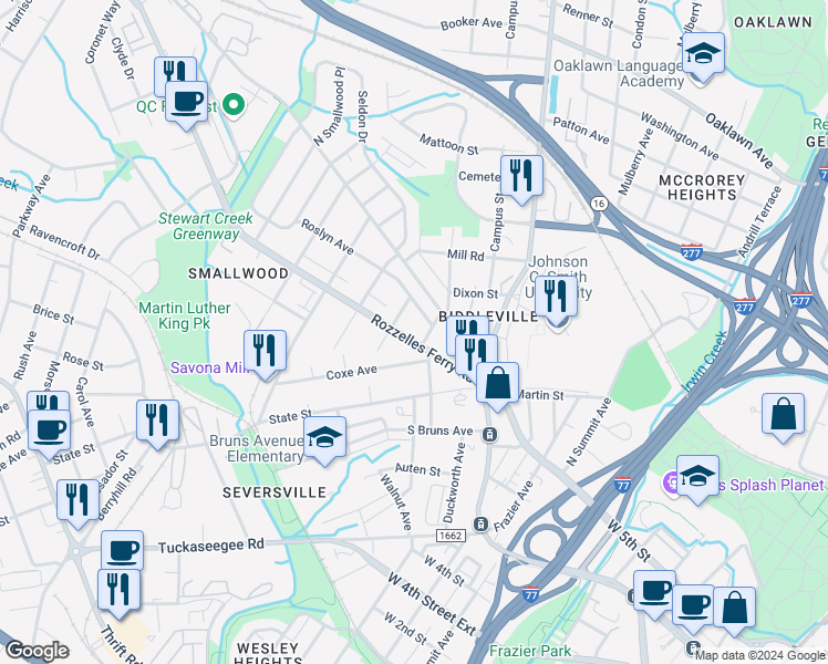 map of restaurants, bars, coffee shops, grocery stores, and more near in Charlotte
