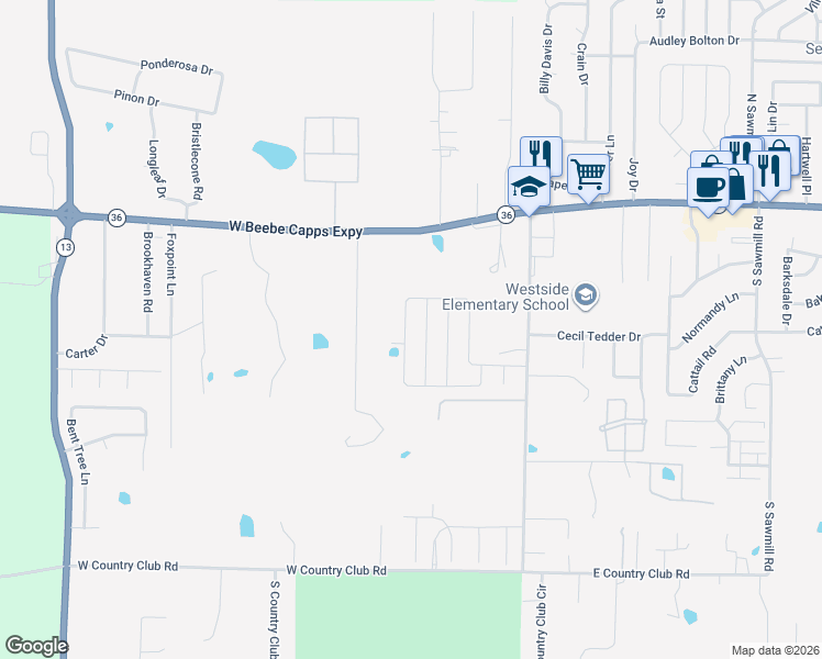 map of restaurants, bars, coffee shops, grocery stores, and more near 2728 Ridgewood Road in Searcy