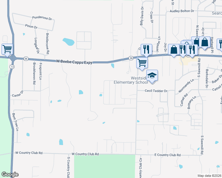 map of restaurants, bars, coffee shops, grocery stores, and more near 508 Wycliffe Drive in Searcy