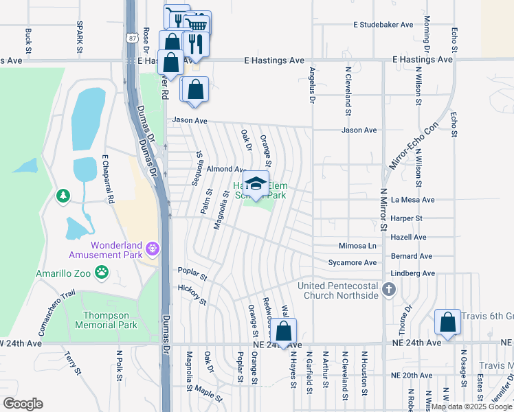 map of restaurants, bars, coffee shops, grocery stores, and more near 705 Sycamore Avenue in Amarillo