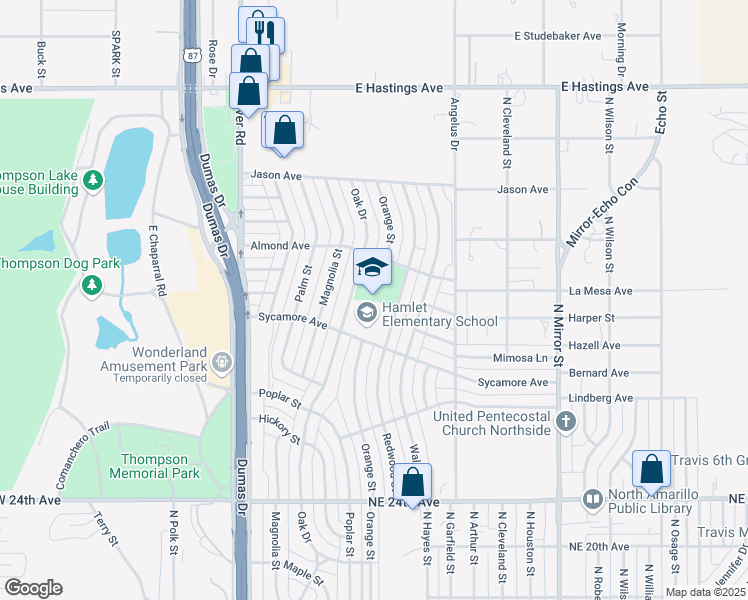 map of restaurants, bars, coffee shops, grocery stores, and more near 705 Sycamore Avenue in Amarillo