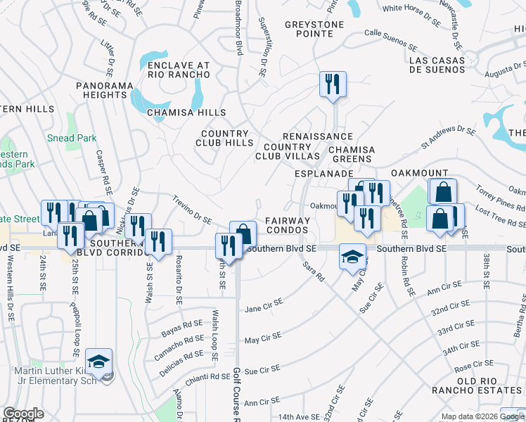 map of restaurants, bars, coffee shops, grocery stores, and more near 923 Country Club Drive Southeast in Rio Rancho