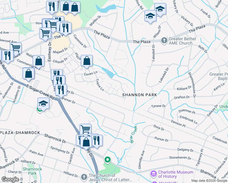 map of restaurants, bars, coffee shops, grocery stores, and more near 5012 Snowdrop Drive in Charlotte