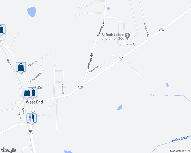 map of restaurants, bars, coffee shops, grocery stores, and more near North Carolina 73 in West End