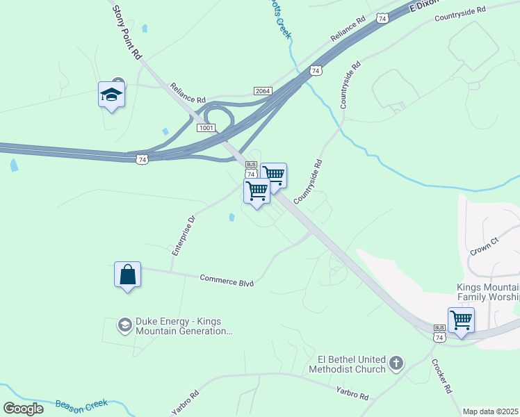 map of restaurants, bars, coffee shops, grocery stores, and more near 2111 Shelby Road in Kings Mountain