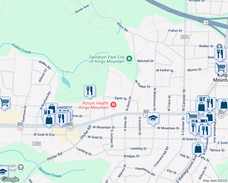 map of restaurants, bars, coffee shops, grocery stores, and more near 206 Edgemont Drive in Kings Mountain