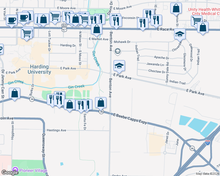 map of restaurants, bars, coffee shops, grocery stores, and more near Unnamed Road in Searcy