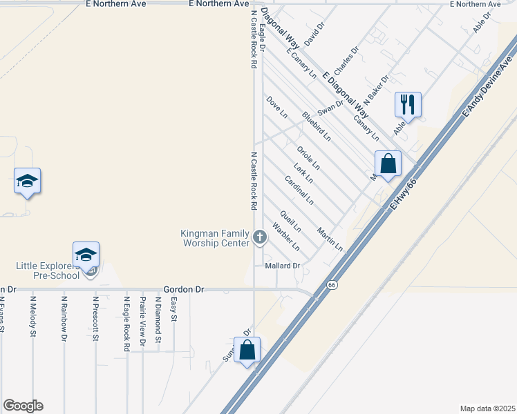 map of restaurants, bars, coffee shops, grocery stores, and more near 4155 Eagle Drive in Kingman