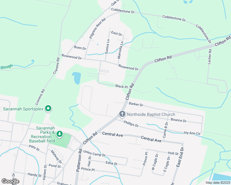 map of restaurants, bars, coffee shops, grocery stores, and more near 105 Black Place in Savannah