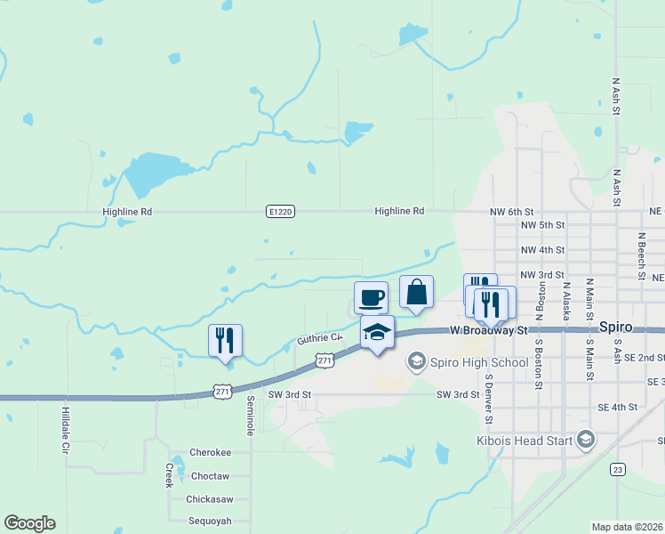 map of restaurants, bars, coffee shops, grocery stores, and more near 1002 Northwest 6th Street in Spiro