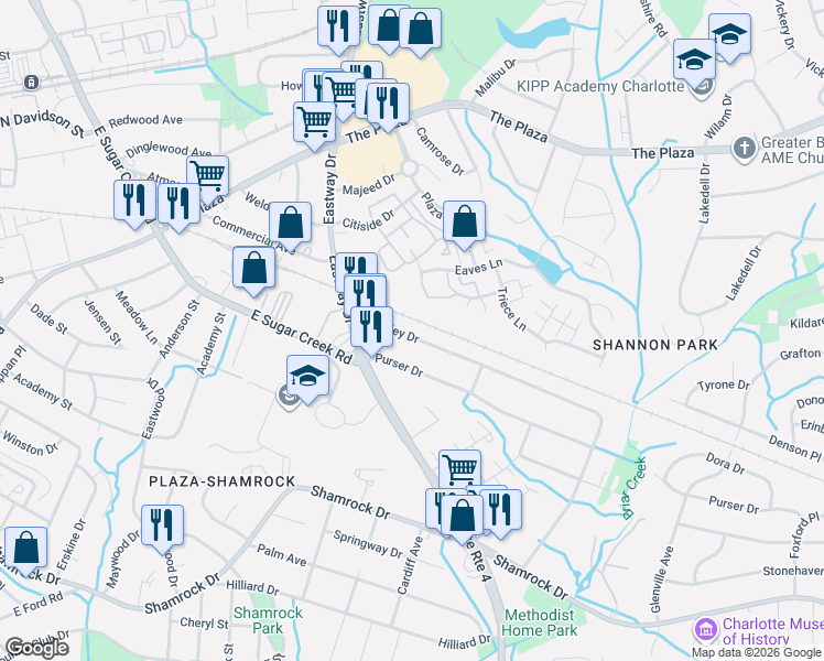 map of restaurants, bars, coffee shops, grocery stores, and more near 1717 Finchley Drive in Charlotte