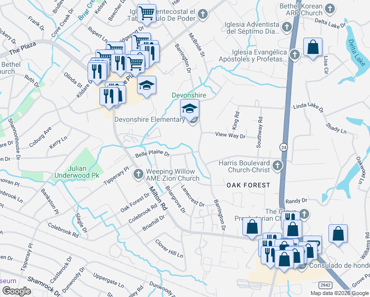 map of restaurants, bars, coffee shops, grocery stores, and more near 4731 Belle Plaine Drive in Charlotte