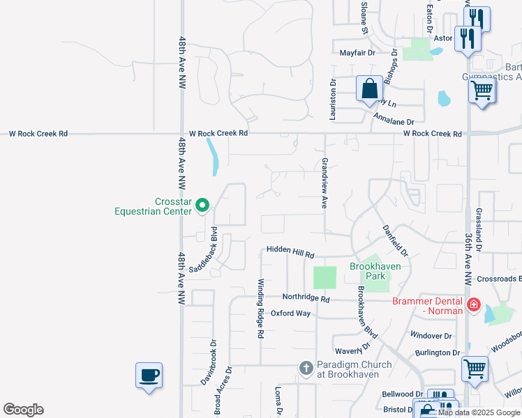 map of restaurants, bars, coffee shops, grocery stores, and more near 2103 Martingale Drive in Norman