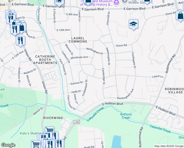 map of restaurants, bars, coffee shops, grocery stores, and more near 1440 Laurel Lane in Gastonia