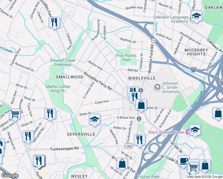 map of restaurants, bars, coffee shops, grocery stores, and more near 2100 Rozzelles Ferry Road in Charlotte