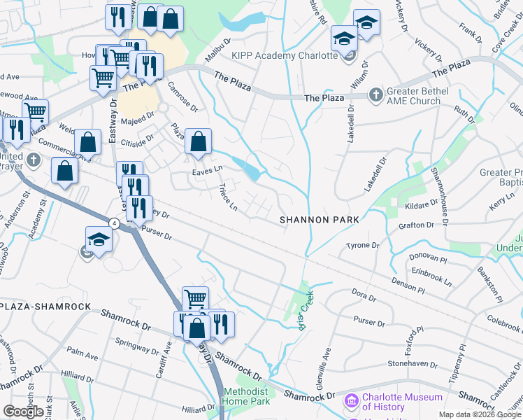 map of restaurants, bars, coffee shops, grocery stores, and more near 5107 Snowdrop Drive in Charlotte