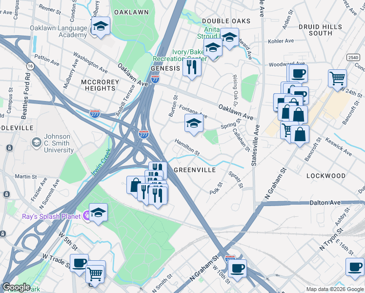 map of restaurants, bars, coffee shops, grocery stores, and more near 1301-1415 Hamilton Street in Charlotte