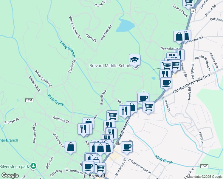 map of restaurants, bars, coffee shops, grocery stores, and more near 230 Burrell Avenue in Brevard