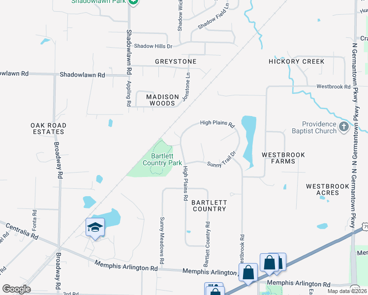 map of restaurants, bars, coffee shops, grocery stores, and more near 4320 High Plains Road in Bartlett