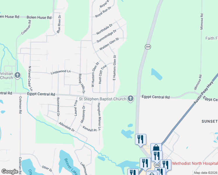 map of restaurants, bars, coffee shops, grocery stores, and more near 4335 East Hunters Glen Street in Memphis