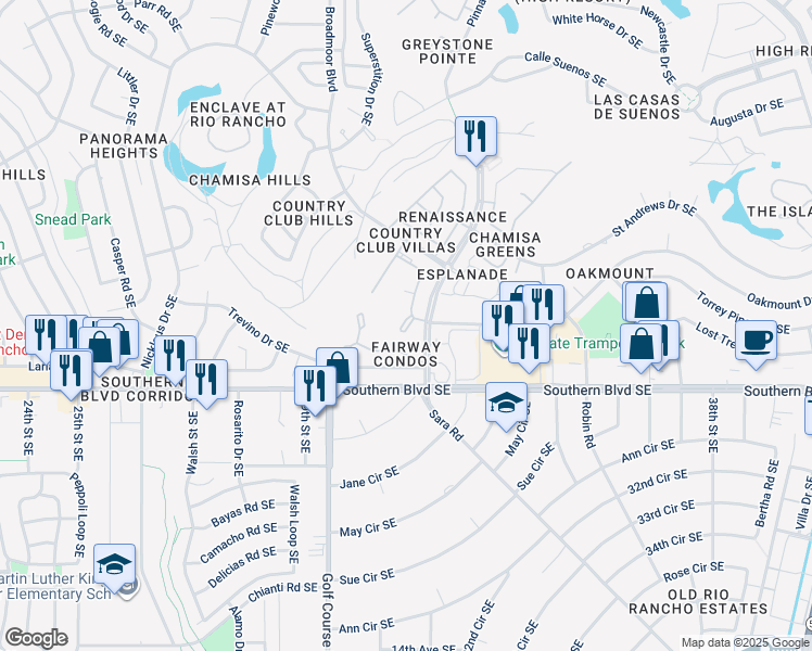 map of restaurants, bars, coffee shops, grocery stores, and more near 841 Country Club Drive Southeast in Rio Rancho