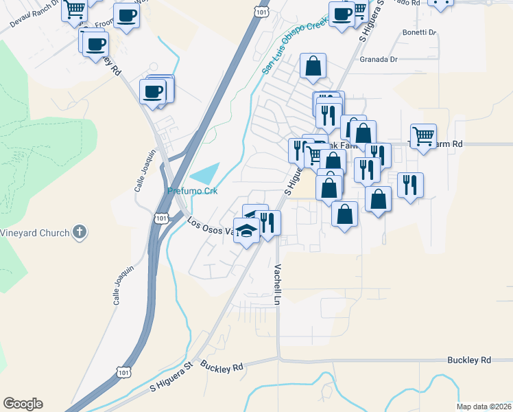 map of restaurants, bars, coffee shops, grocery stores, and more near 42 Del Sol Court in San Luis Obispo