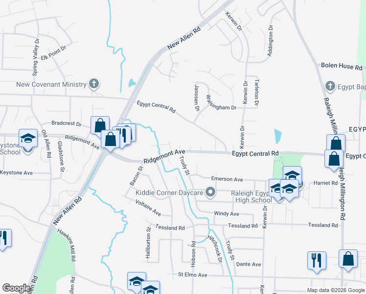 map of restaurants, bars, coffee shops, grocery stores, and more near 3704 Ridgemont Avenue in Memphis