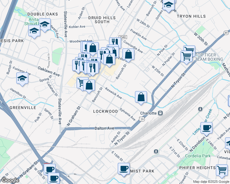 map of restaurants, bars, coffee shops, grocery stores, and more near 408 Keswick Avenue in Charlotte