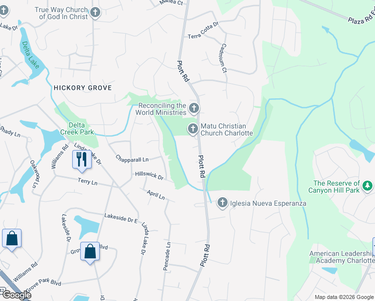 map of restaurants, bars, coffee shops, grocery stores, and more near 7721 Plott Road in Charlotte