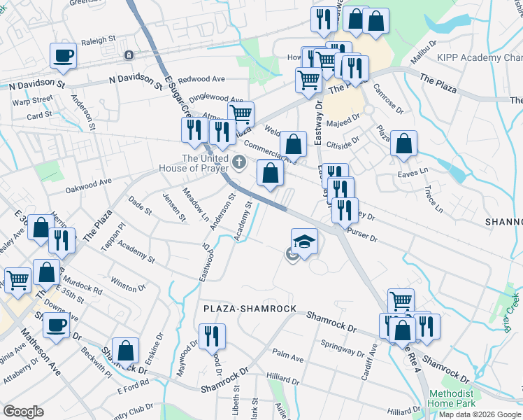 map of restaurants, bars, coffee shops, grocery stores, and more near 1507 East Sugar Creek Road in Charlotte