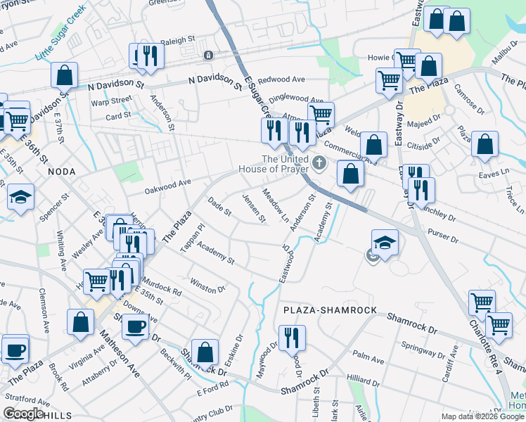 map of restaurants, bars, coffee shops, grocery stores, and more near 1119 Jensen Street in Charlotte