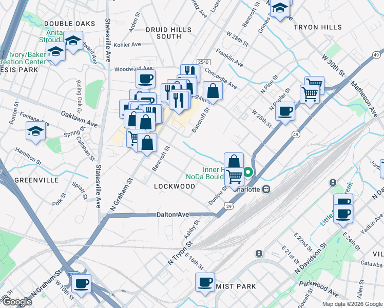 map of restaurants, bars, coffee shops, grocery stores, and more near 408 Keswick Avenue in Charlotte