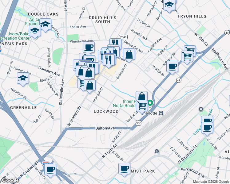 map of restaurants, bars, coffee shops, grocery stores, and more near 408 Keswick Avenue in Charlotte
