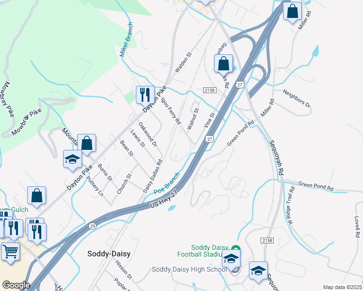 map of restaurants, bars, coffee shops, grocery stores, and more near 216 Igou Ferry Road in Soddy-Daisy