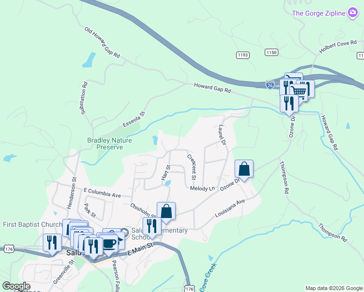 map of restaurants, bars, coffee shops, grocery stores, and more near 68 Summers Lane in Saluda