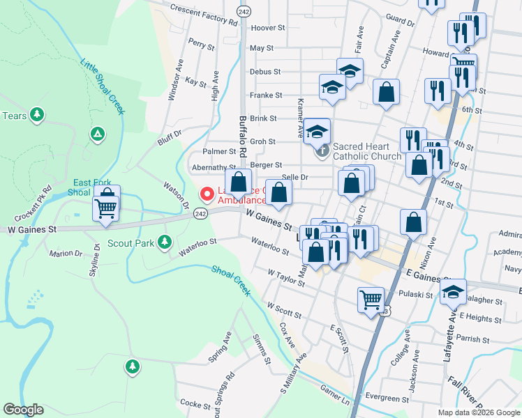 map of restaurants, bars, coffee shops, grocery stores, and more near 208 Fisher Alley in Lawrenceburg
