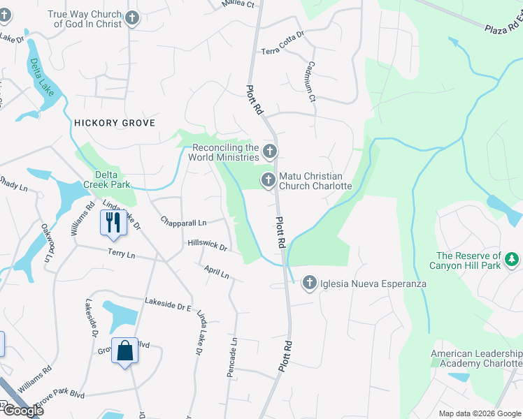 map of restaurants, bars, coffee shops, grocery stores, and more near 7721 Plott Road in Charlotte