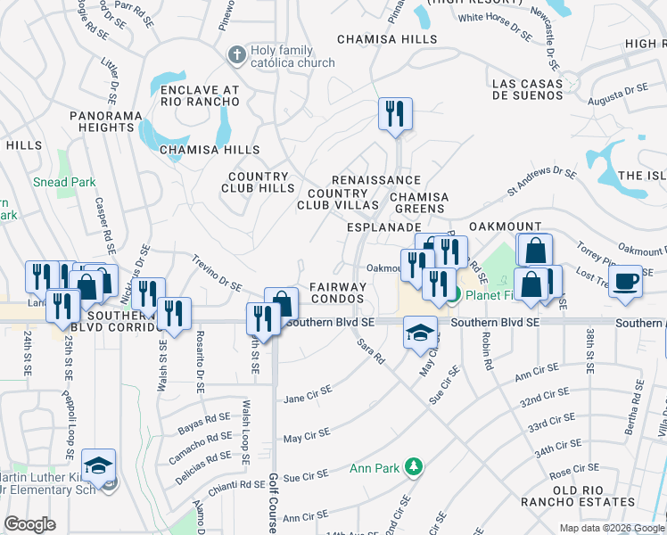 map of restaurants, bars, coffee shops, grocery stores, and more near 803 Country Club Drive Southeast in Rio Rancho