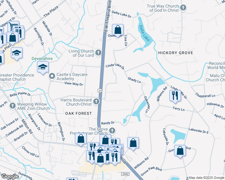 map of restaurants, bars, coffee shops, grocery stores, and more near 7023 Misty Morn Drive in Charlotte