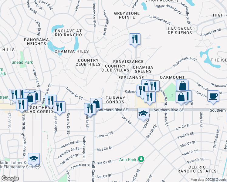 map of restaurants, bars, coffee shops, grocery stores, and more near 841 Country Club Drive Southeast in Rio Rancho
