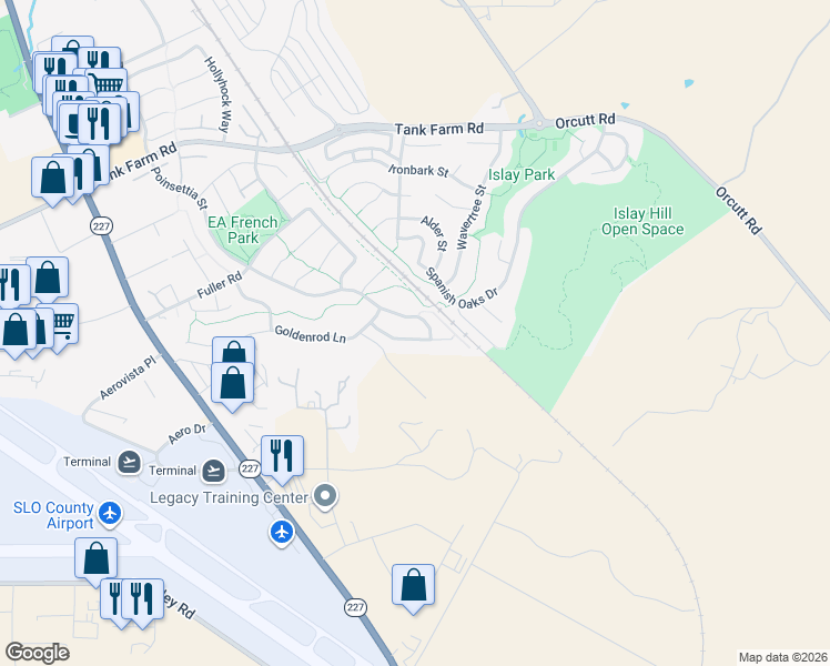 map of restaurants, bars, coffee shops, grocery stores, and more near 4676 Snapdragon Way in San Luis Obispo