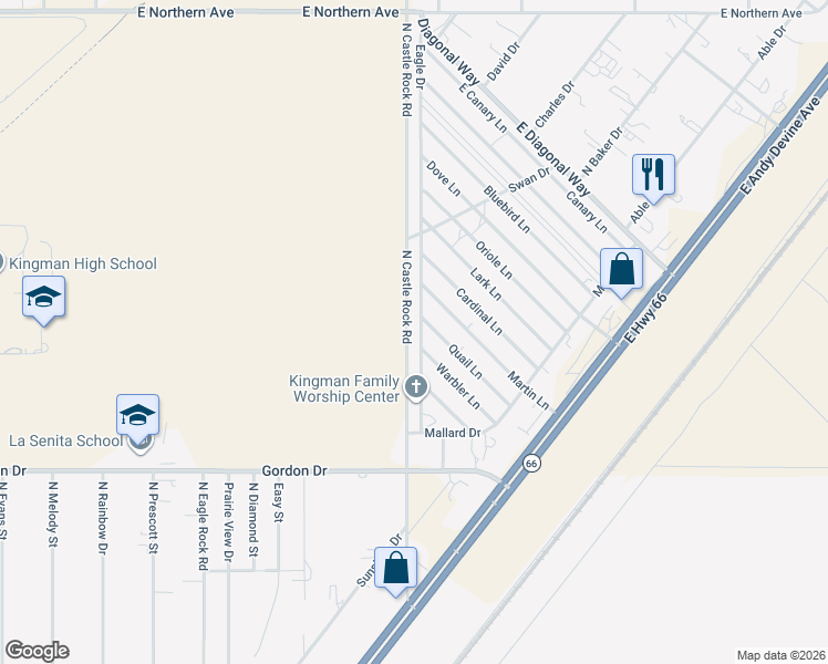 map of restaurants, bars, coffee shops, grocery stores, and more near 4149 Eagle Drive in Kingman