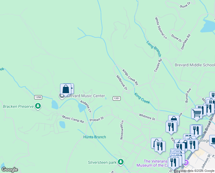 map of restaurants, bars, coffee shops, grocery stores, and more near 379 Burrell Mountain Road in Brevard