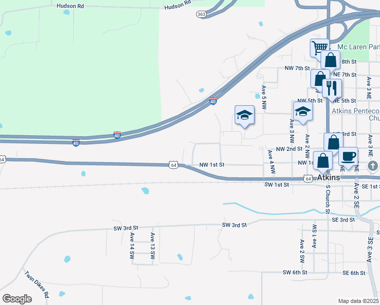 map of restaurants, bars, coffee shops, grocery stores, and more near 205 Avenue 10 Northwest in Atkins