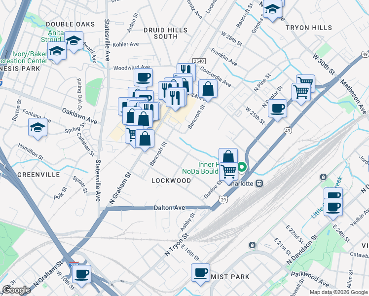 map of restaurants, bars, coffee shops, grocery stores, and more near 408 Keswick Avenue in Charlotte