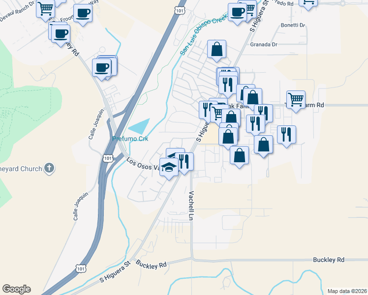map of restaurants, bars, coffee shops, grocery stores, and more near 42 Del Sol Court in San Luis Obispo