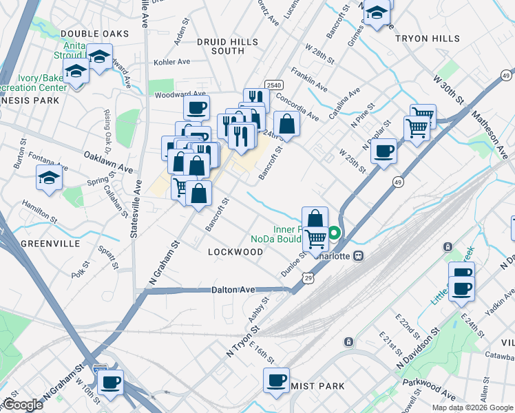 map of restaurants, bars, coffee shops, grocery stores, and more near 408 Keswick Avenue in Charlotte