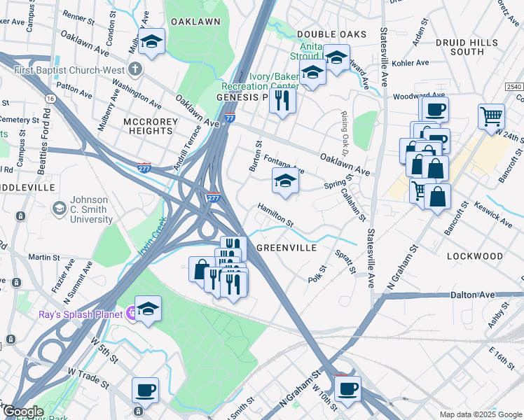 map of restaurants, bars, coffee shops, grocery stores, and more near 1300 Burton Street in Charlotte