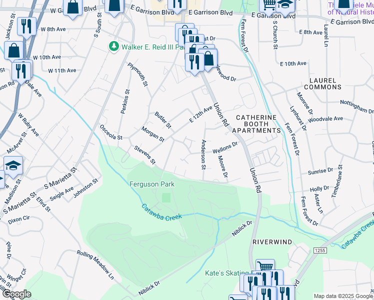 map of restaurants, bars, coffee shops, grocery stores, and more near 1441 Anderson Street in Gastonia