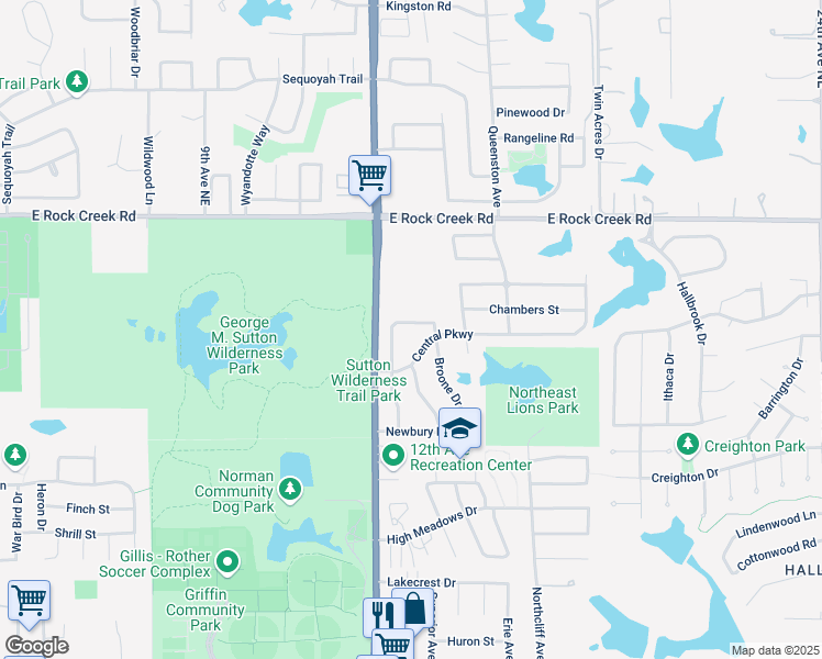 map of restaurants, bars, coffee shops, grocery stores, and more near 1208 Broone Drive in Norman